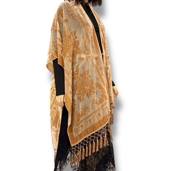 Tan Floral Embroidery Velvet Open Front Long Tassel Kimono Jacket - NEW - Picture 2 of 3